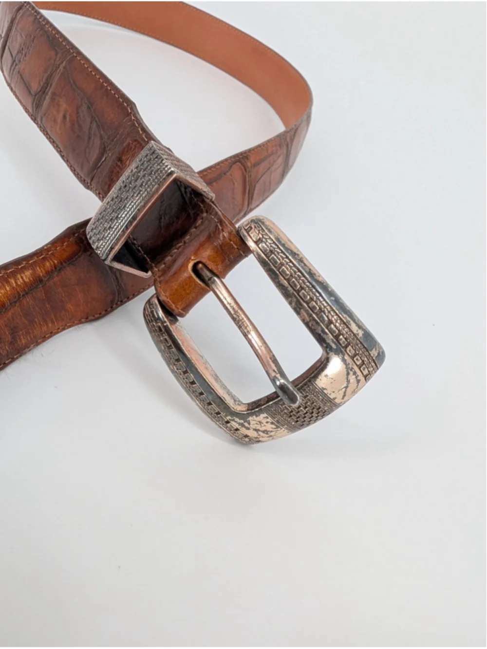 Vintage 1993 Onyx Brighton Brown Croc Embossed Leather Western Belt 36